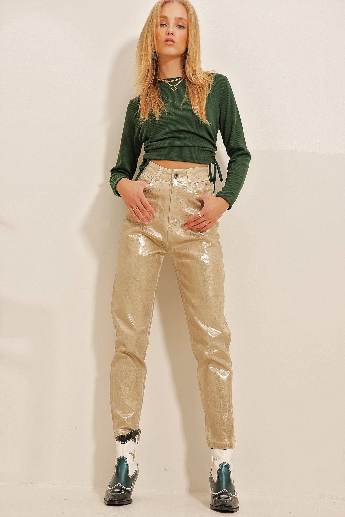 Gold Sıvama Mom Jeans Pantolon - Gold