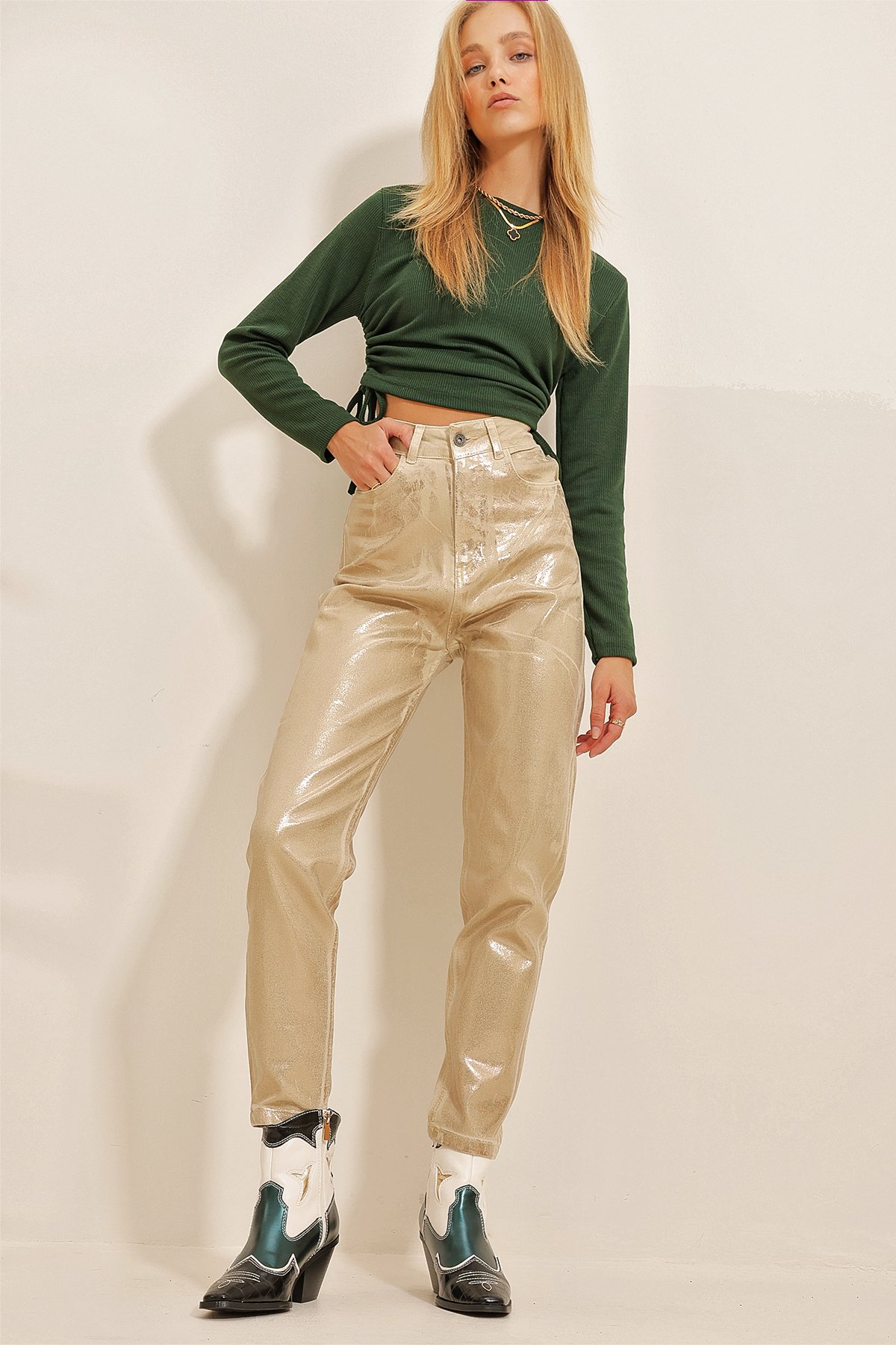 Gold Sıvama Mom Jeans Pantolon - Gold
