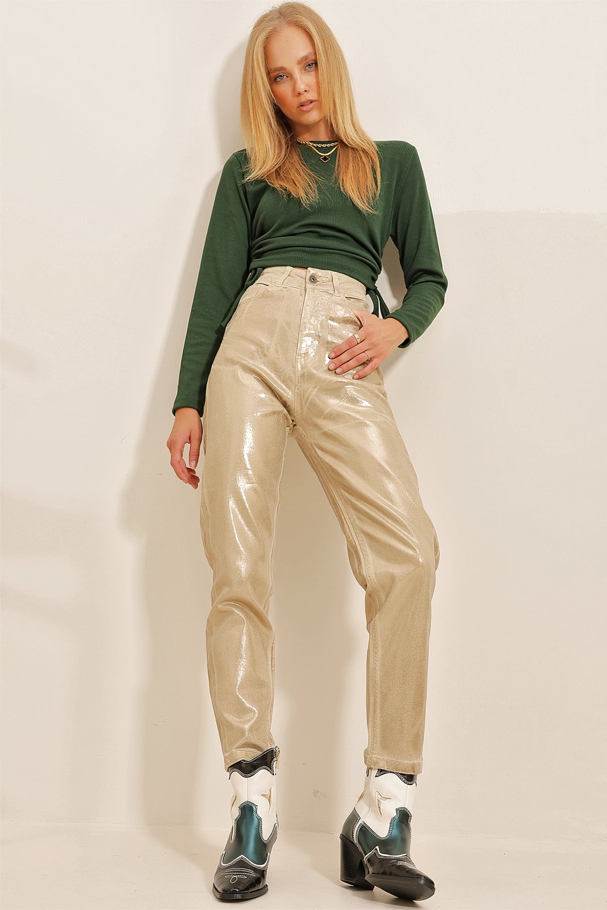 Gold Sıvama Mom Jeans Pantolon - Gold