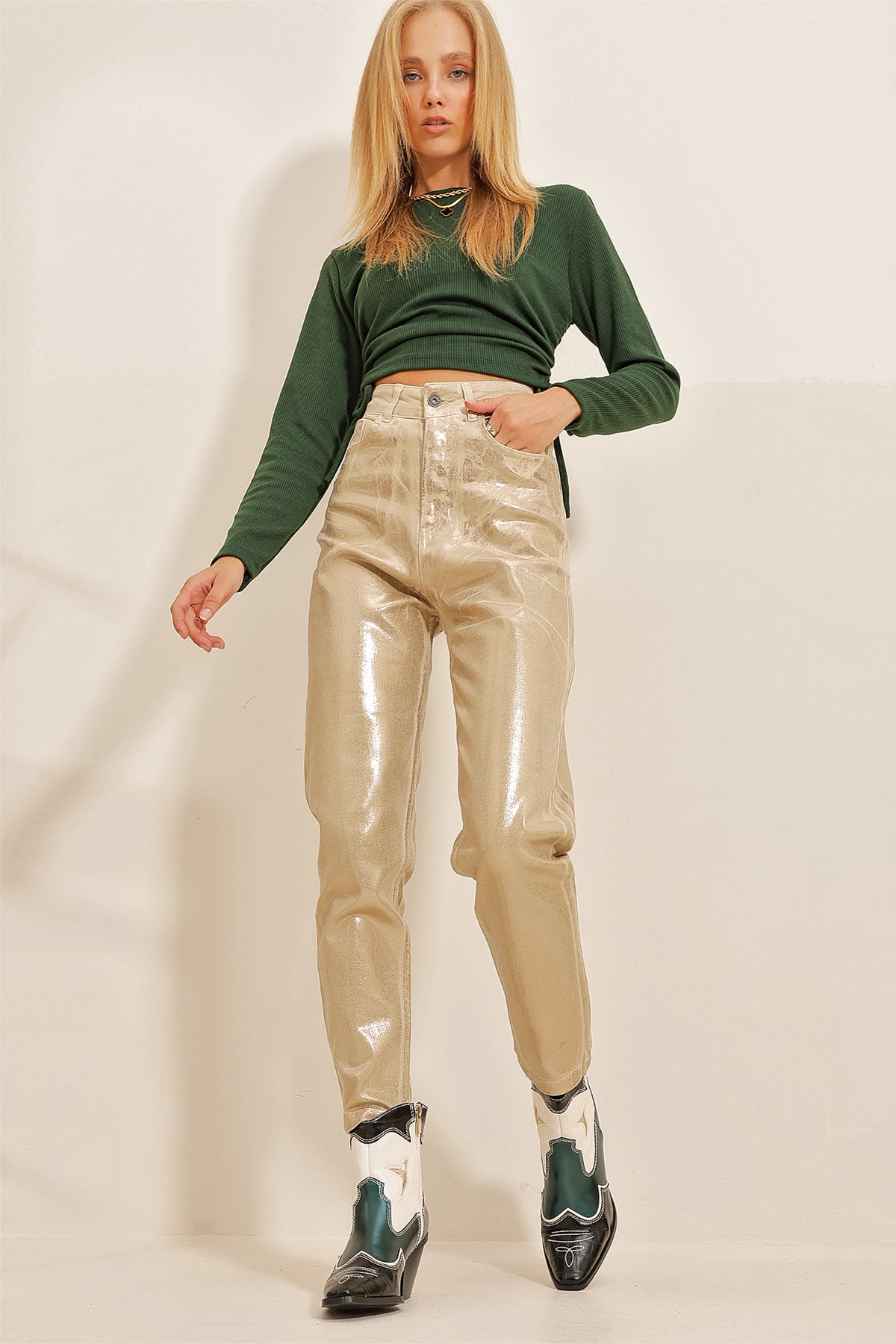 Gold Sıvama Mom Jeans Pantolon - Gold