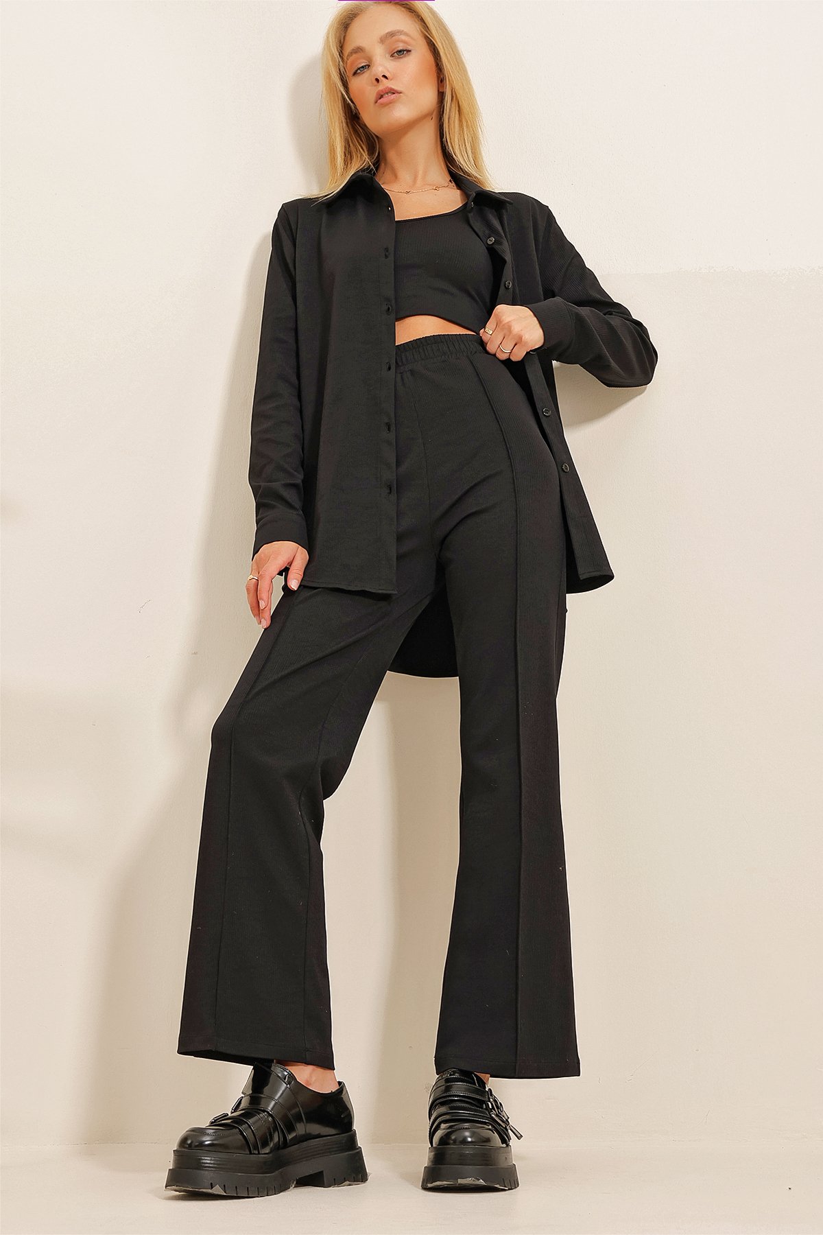 Gömlek Crop Bluz Ve Çimalı Pantolon 3'Lü Takım - Siyah