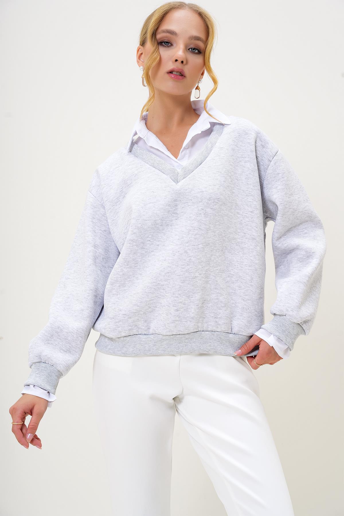 GÖMLEK GARNİLİ V YAKA 3 İPLİK ŞARDONLU SWEAATSHIRT - Karmelanj