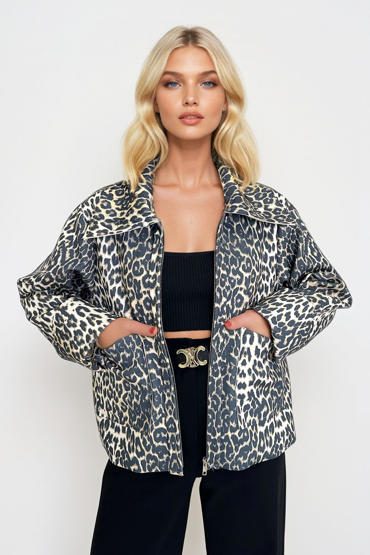 GÖMLEK YAKA ÇİFT CEPLİ DALGIÇ KUMAŞ LEOPAR DESENLİ CEKET - Leopar