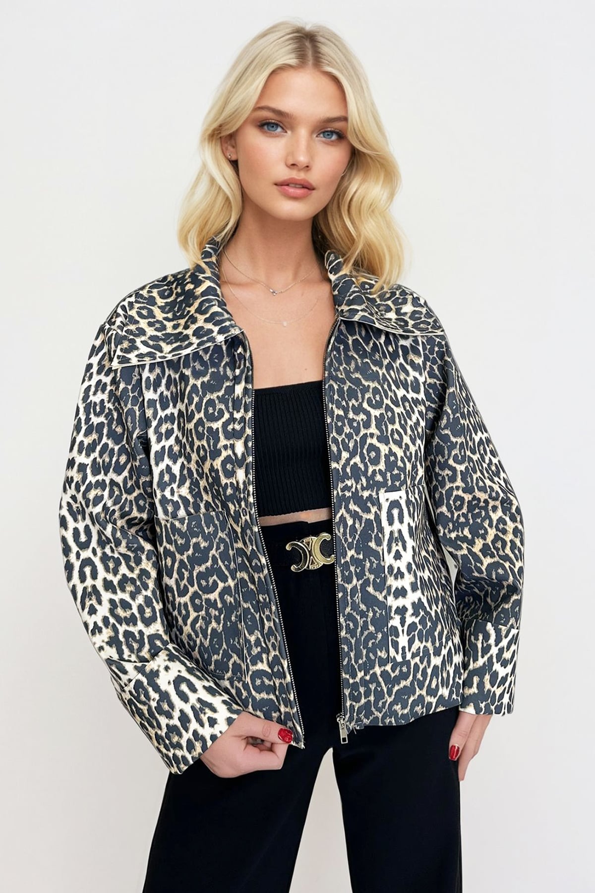 GÖMLEK YAKA ÇİFT CEPLİ DALGIÇ KUMAŞ LEOPAR DESENLİ CEKET - Leopar