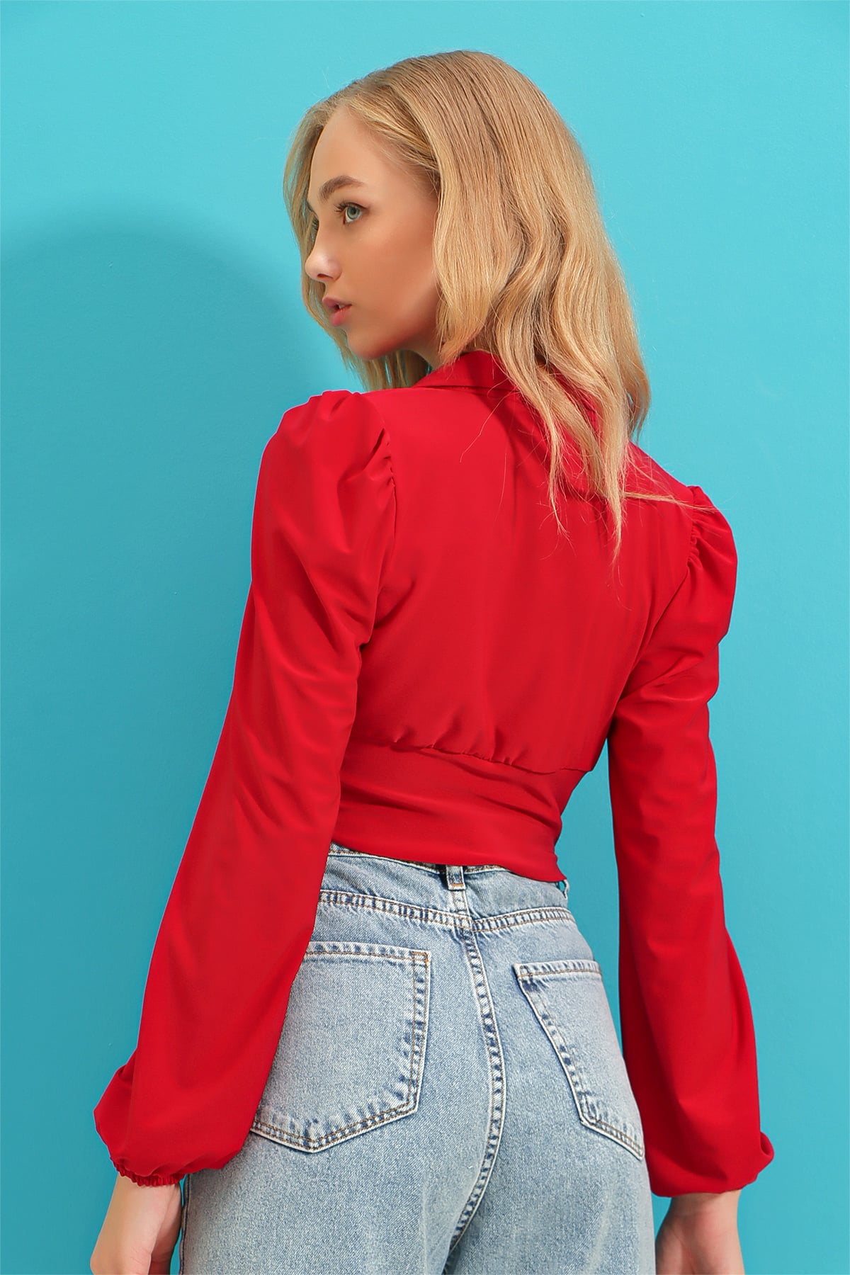 Gömlek Yaka Korseli Crop Sandy Bluz - Kırmızı