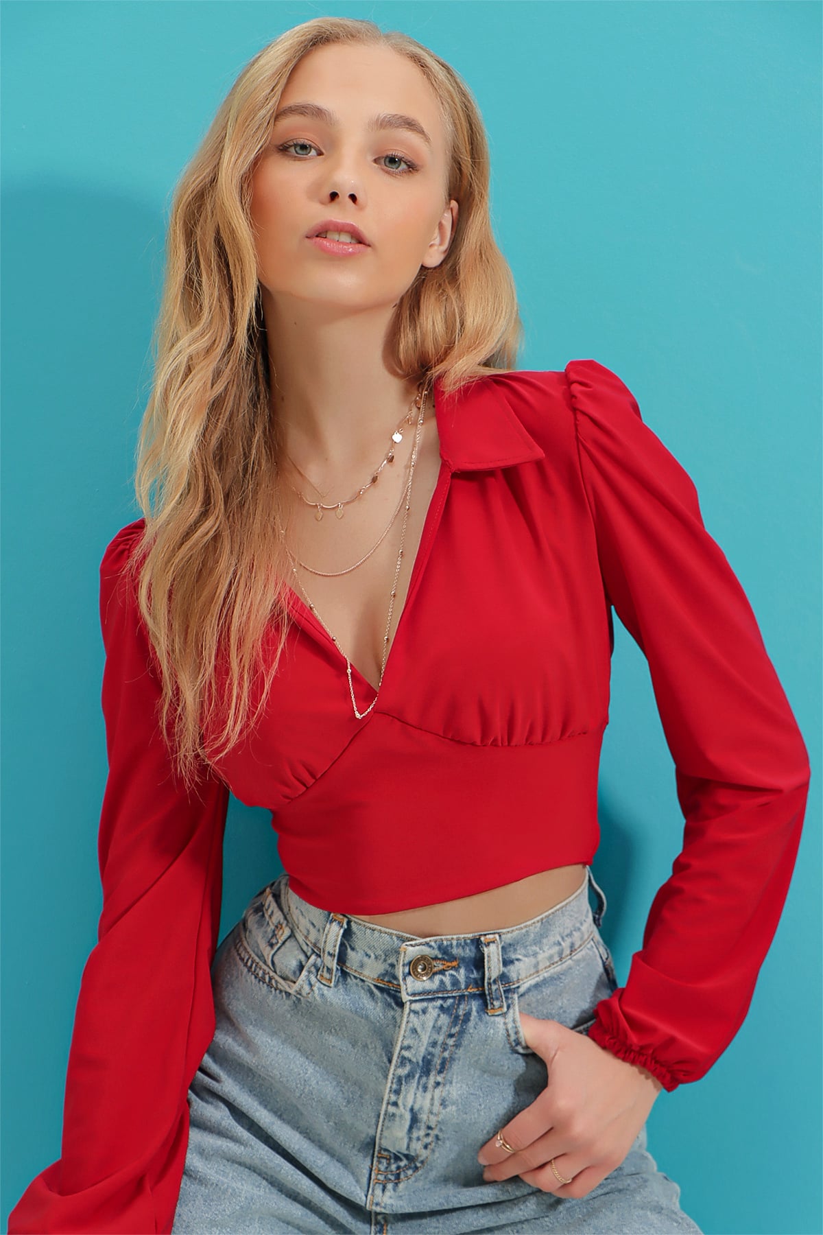 Gömlek Yaka Korseli Crop Sandy Bluz - Kırmızı