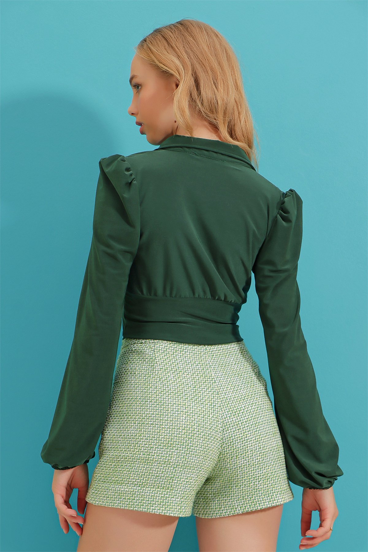 Gömlek Yaka Korseli Crop Sandy Bluz - Yeşil