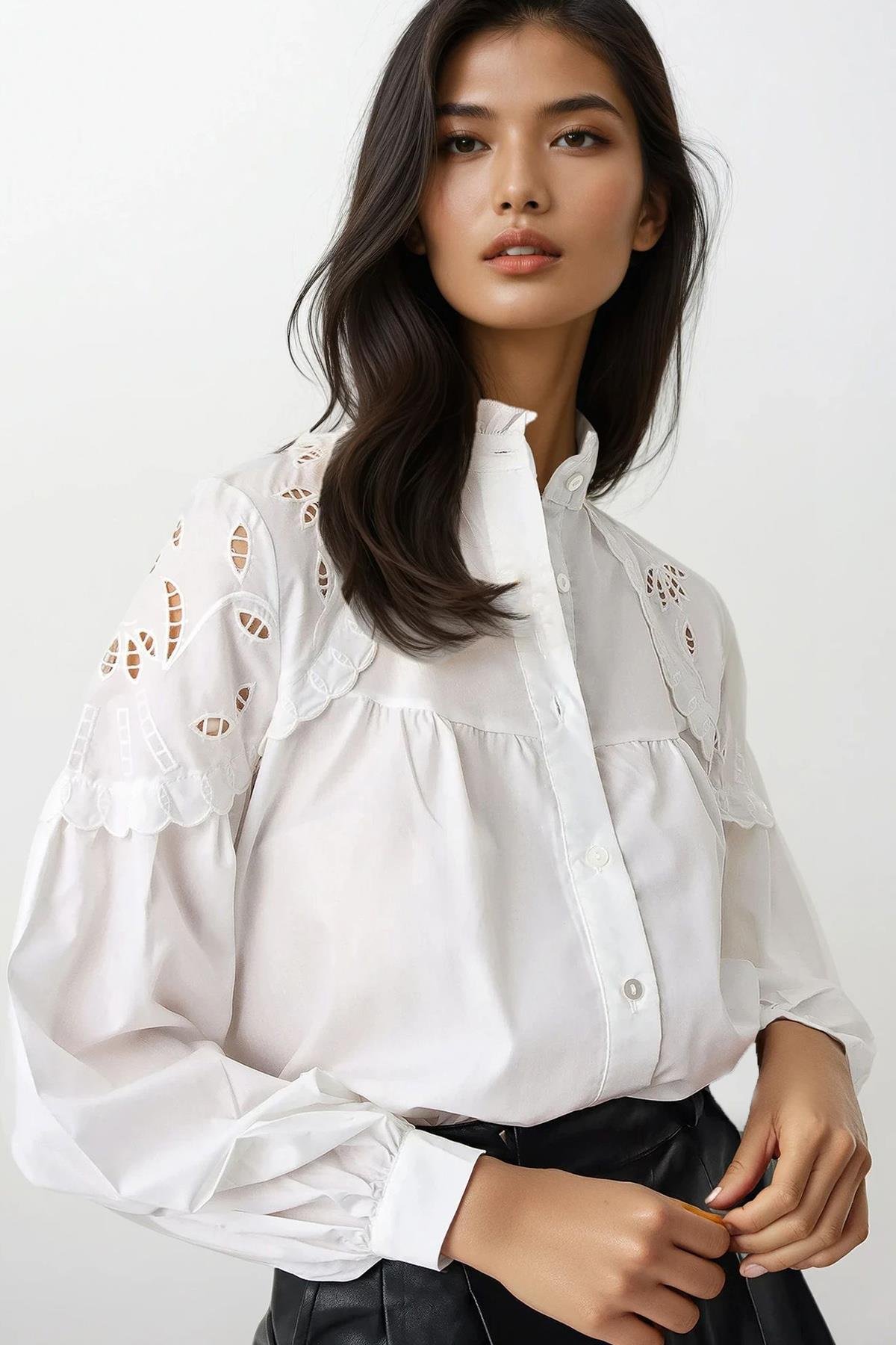 Hakim Yaka Güpür Detaylı Premıum Gömlek - Beyaz