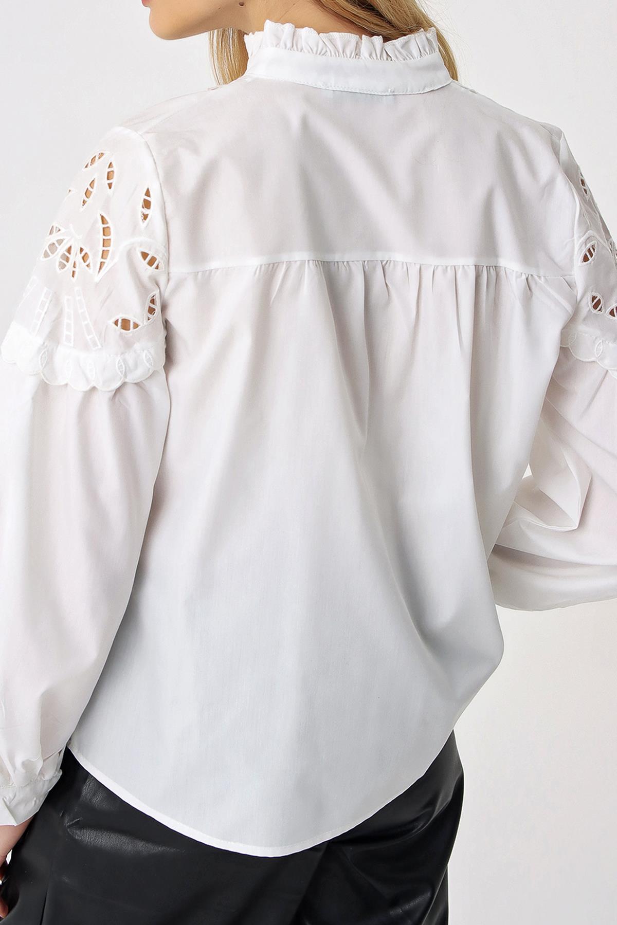 Hakim Yaka Güpür Detaylı Premıum Gömlek - Beyaz