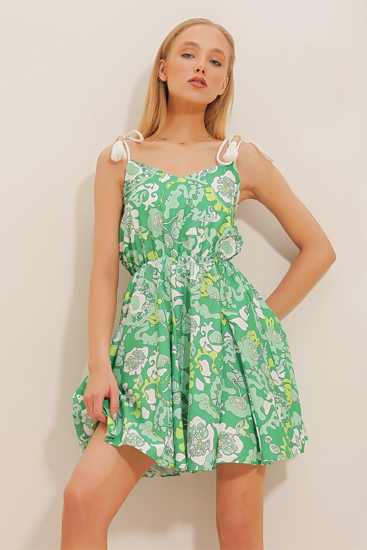 Halat Askılı Desenli Poplin Elbise - Yeşil