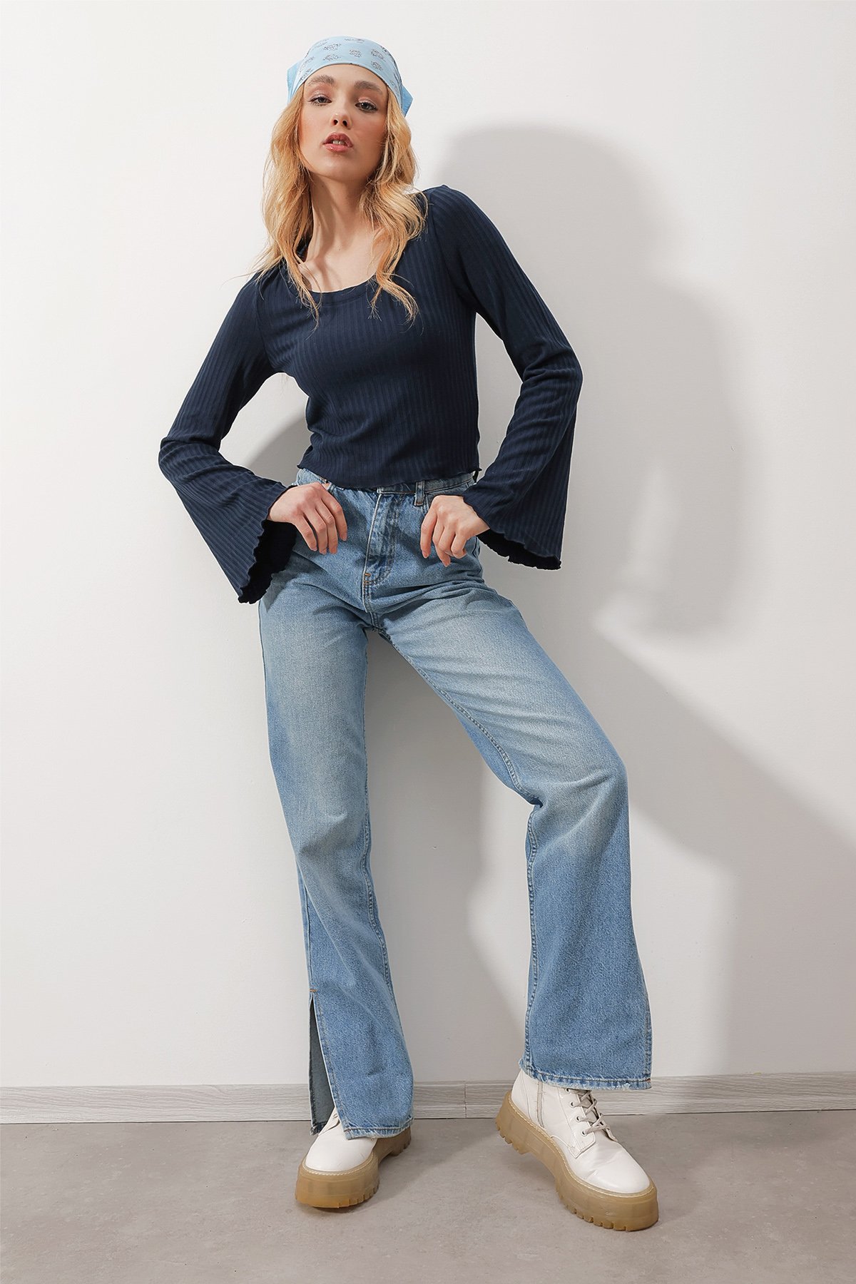 Havuz Yaka Fitilli Triko Bluz - LACİVERT