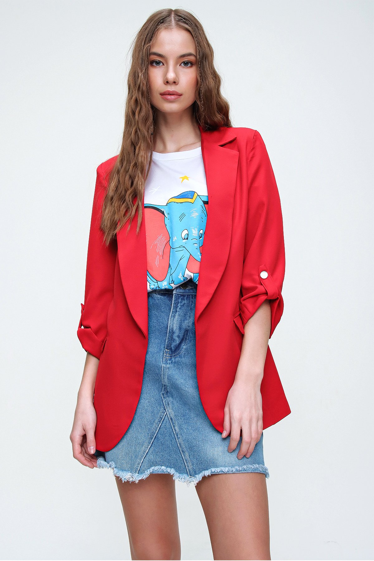 İçi Astarlı Düğme Detaylı Blazer Ceket - Kırmızı