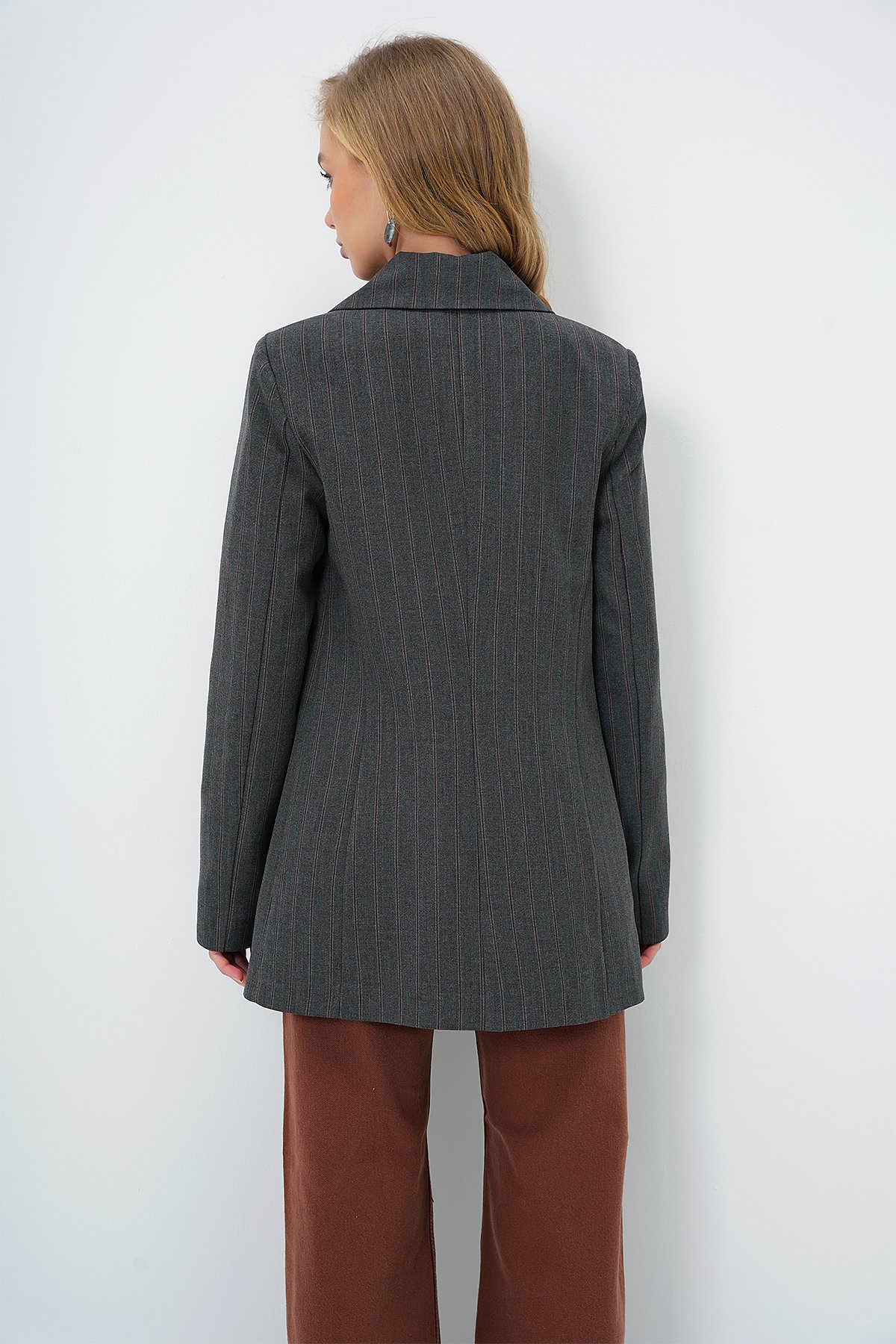 İÇİ ASTARLI OVERSİZE BLAZER CEKET - Gri-Kahve