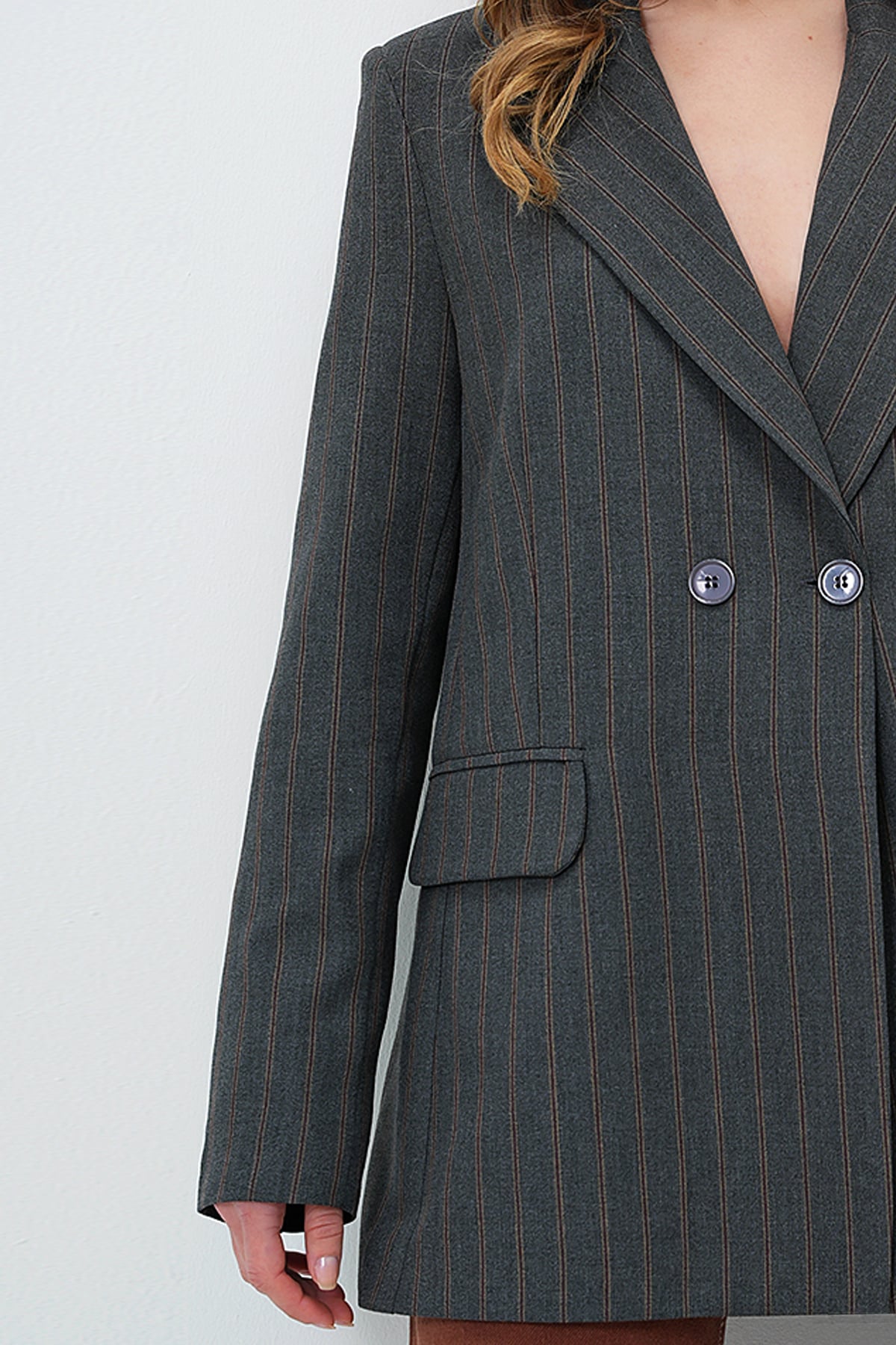 İÇİ ASTARLI OVERSİZE BLAZER CEKET - Gri-Kahve