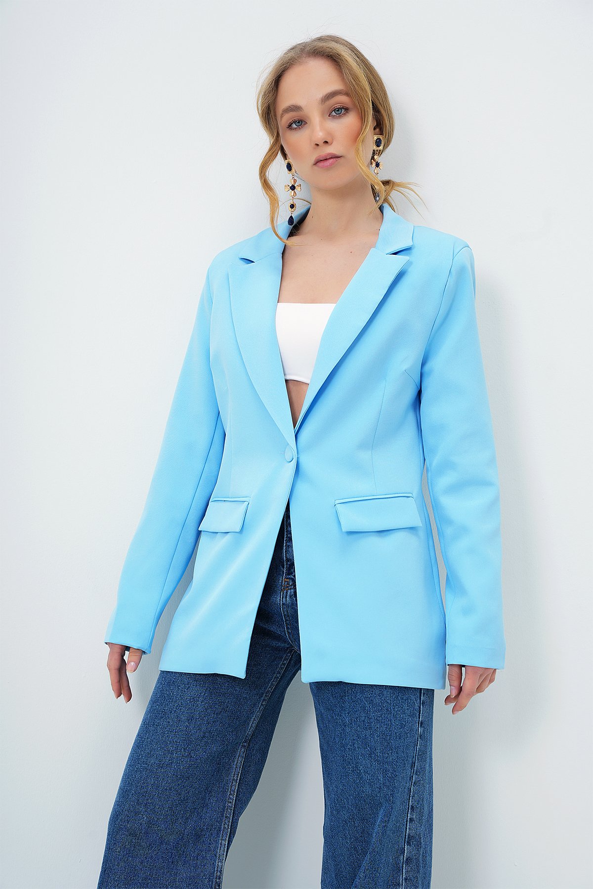 İÇİ ASTARLI TEK DÜĞMELİ BLAZER CEKET - BEBE MAVİ