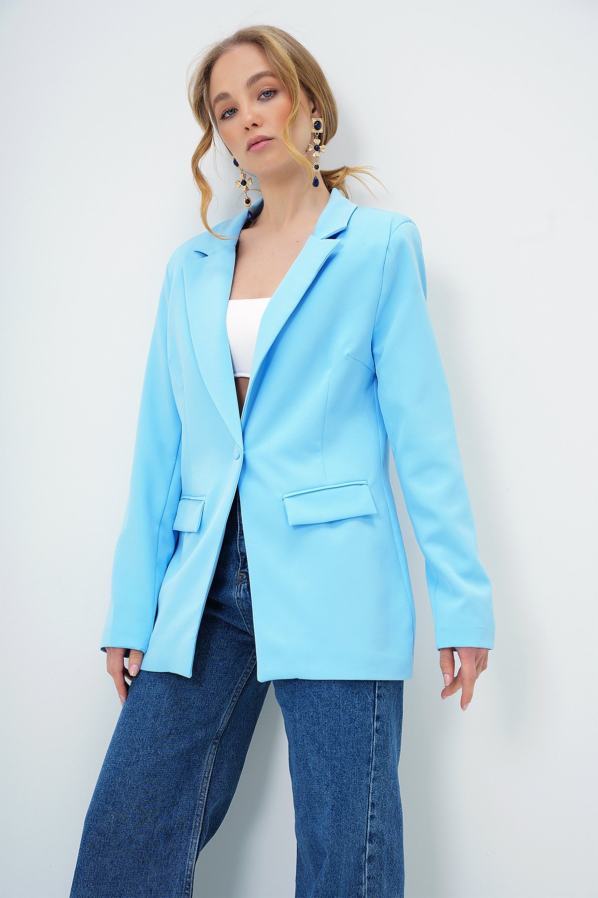 İÇİ ASTARLI TEK DÜĞMELİ BLAZER CEKET - BEBE MAVİ
