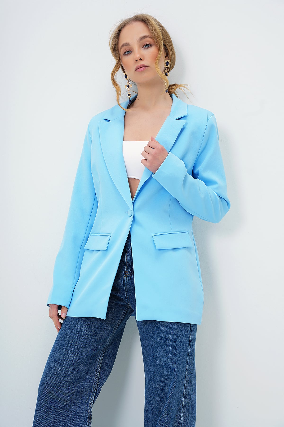 İÇİ ASTARLI TEK DÜĞMELİ BLAZER CEKET - BEBE MAVİ