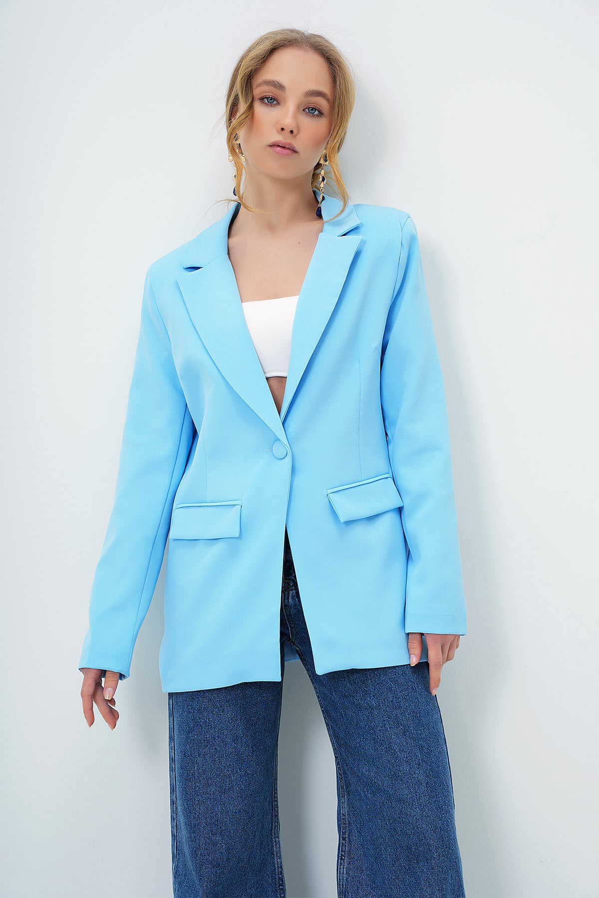 İÇİ ASTARLI TEK DÜĞMELİ BLAZER CEKET - BEBE MAVİ