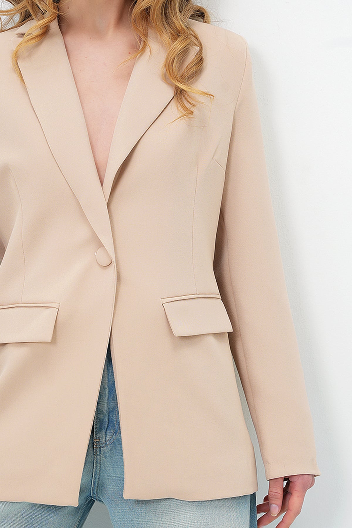 İÇİ ASTARLI TEK DÜĞMELİ BLAZER CEKET - BEJ