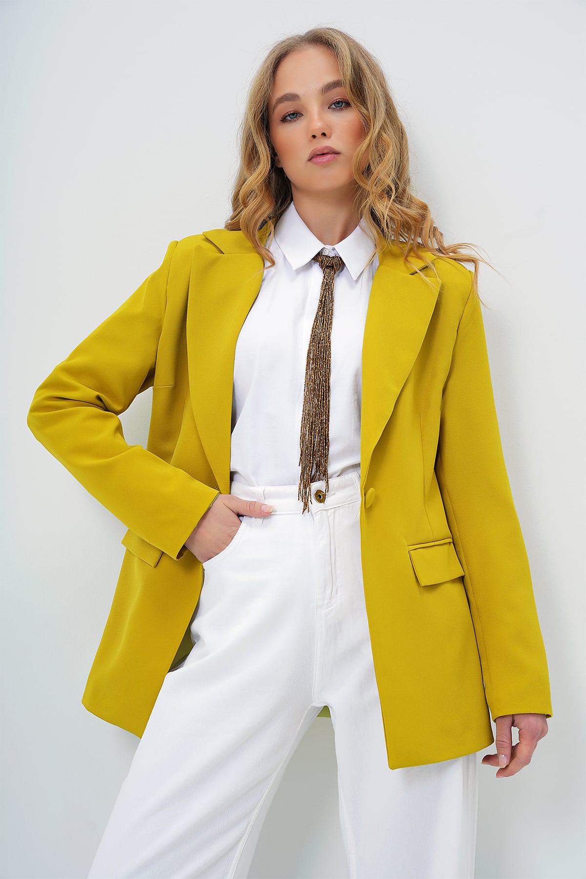 İÇİ ASTARLI TEK DÜĞMELİ BLAZER CEKET - YAĞ YEŞİLİ