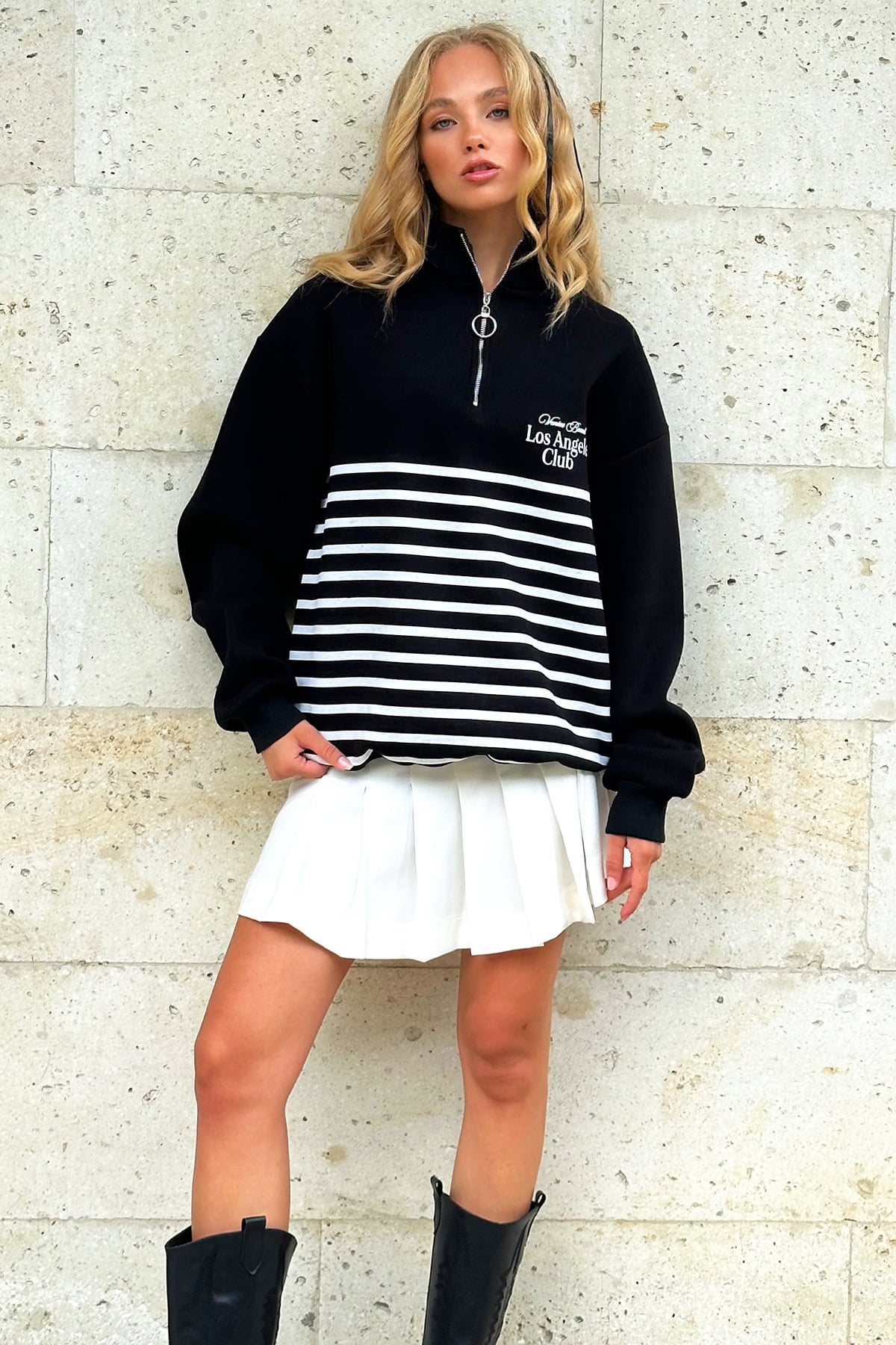 İçi Şardonlu Baskılı Fermuarlı Sweatshirt - Siyah