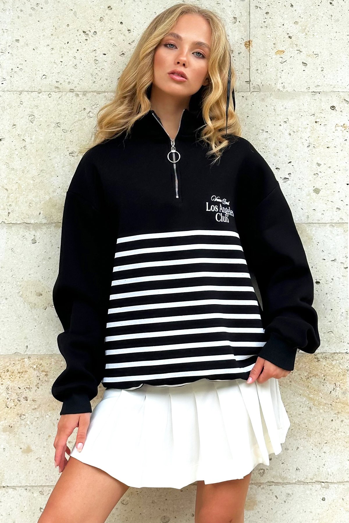İçi Şardonlu Baskılı Fermuarlı Sweatshirt - Siyah