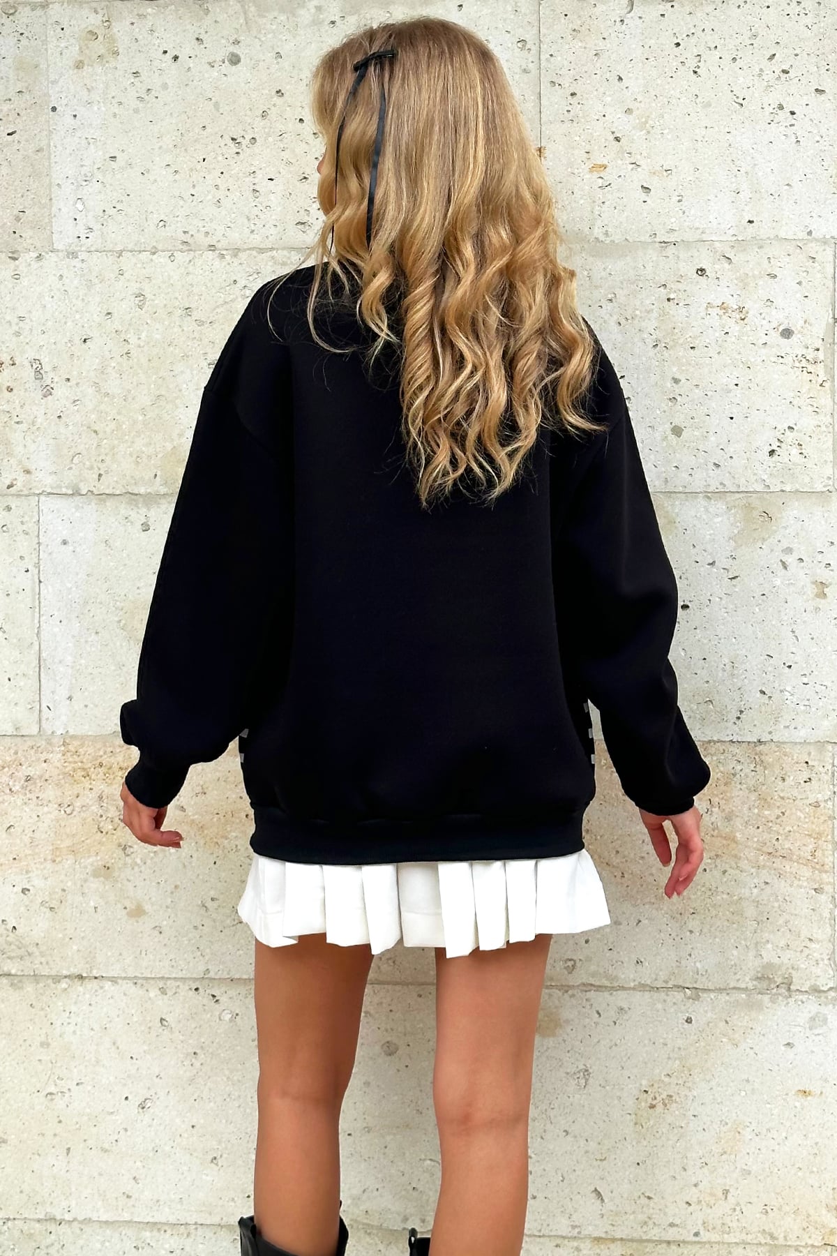 İçi Şardonlu Baskılı Fermuarlı Sweatshirt - Siyah