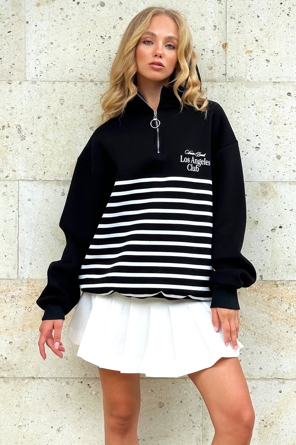 İçi Şardonlu Baskılı Fermuarlı Sweatshirt - Siyah