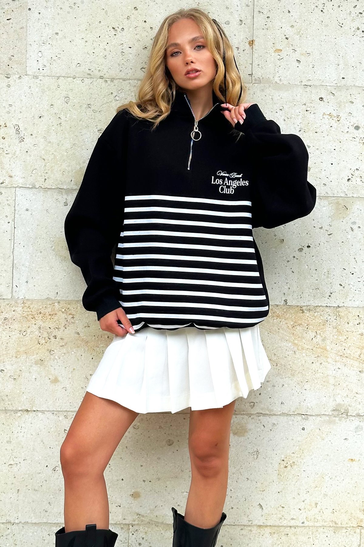 İçi Şardonlu Baskılı Fermuarlı Sweatshirt - Siyah