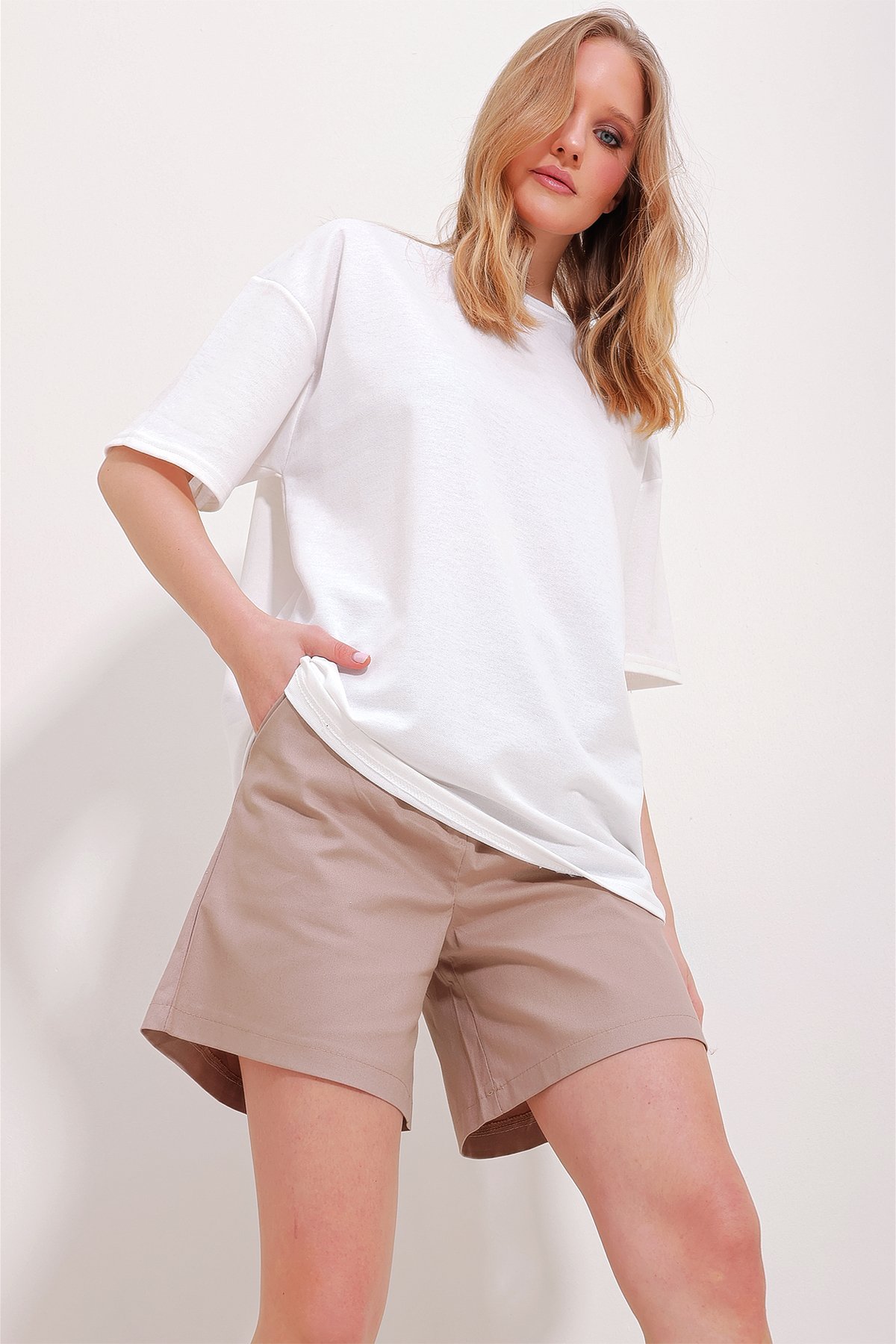 İki İplik Oversize Unisex T-Shirt - Beyaz