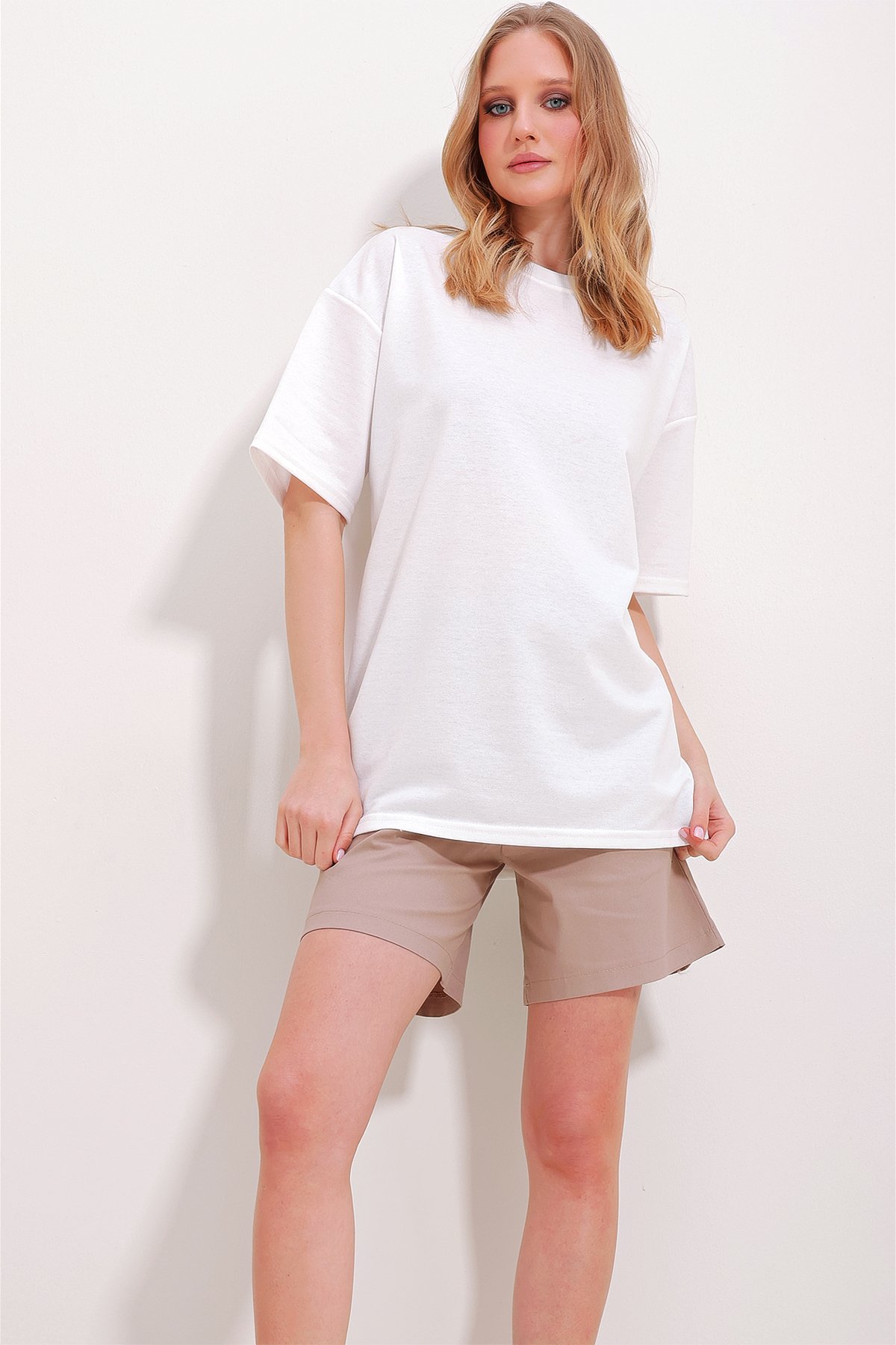 İki İplik Oversize Unisex T-Shirt - Beyaz