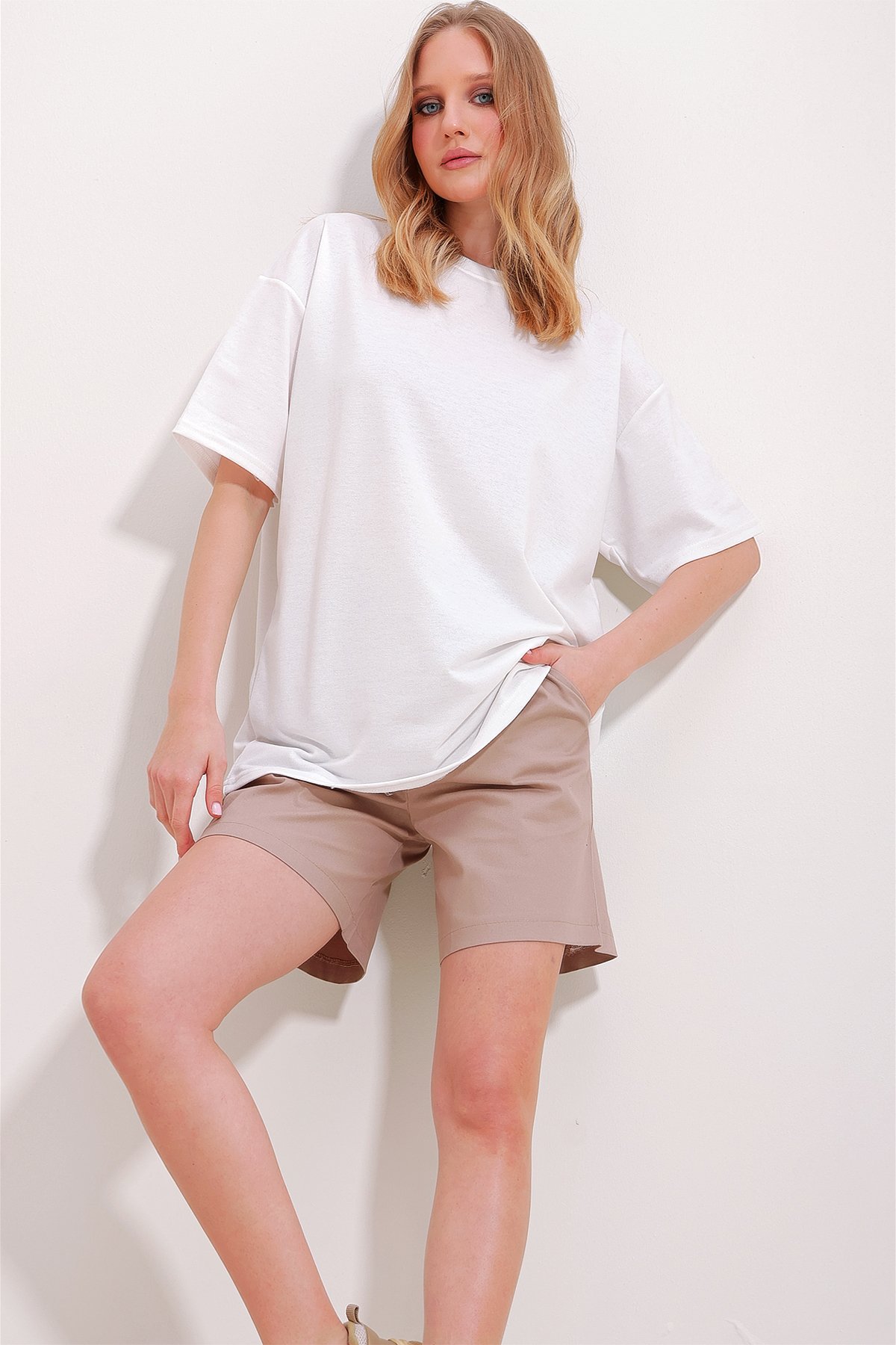 İki İplik Oversize Unisex T-Shirt - Beyaz