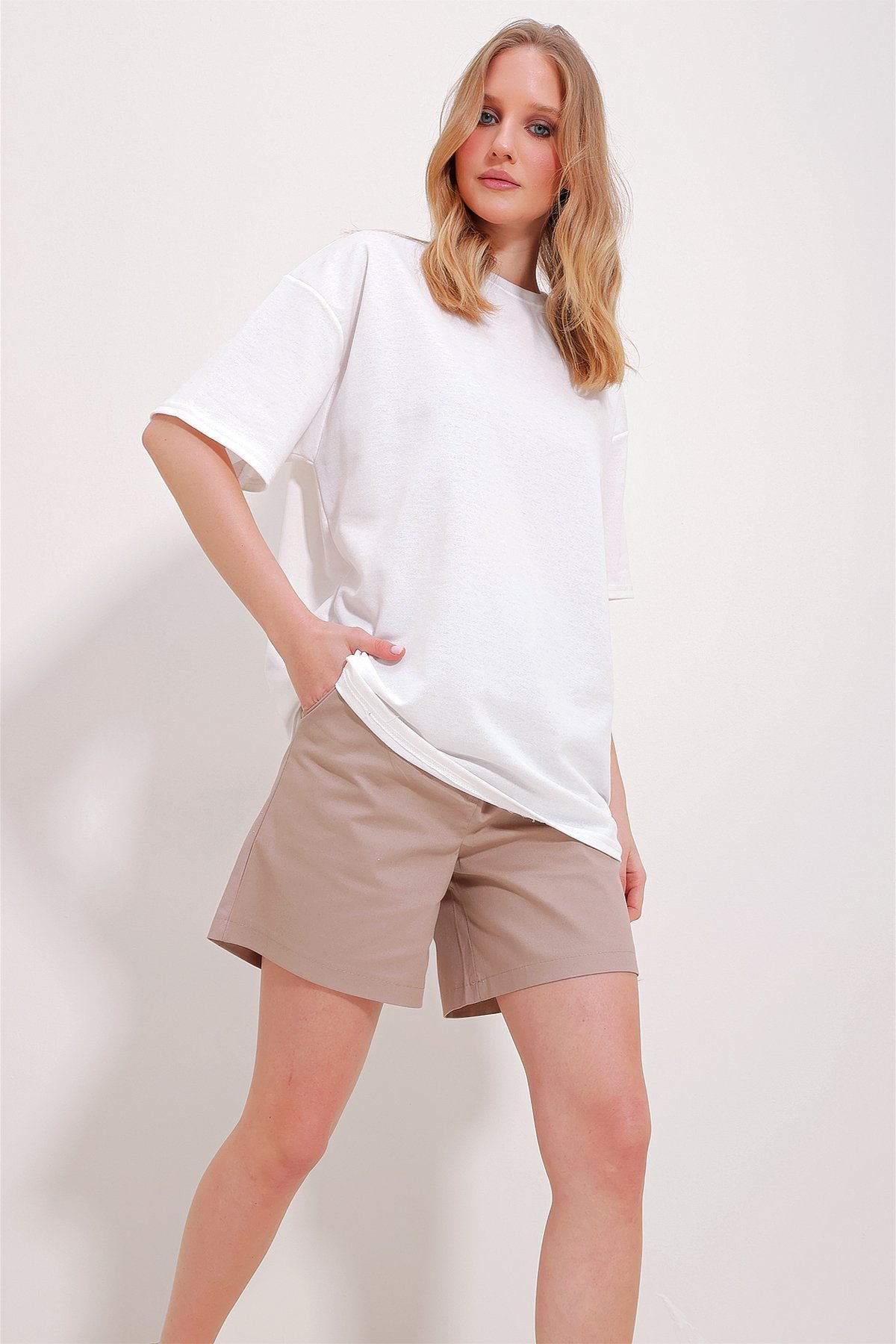İki İplik Oversize Unisex T-Shirt - Beyaz