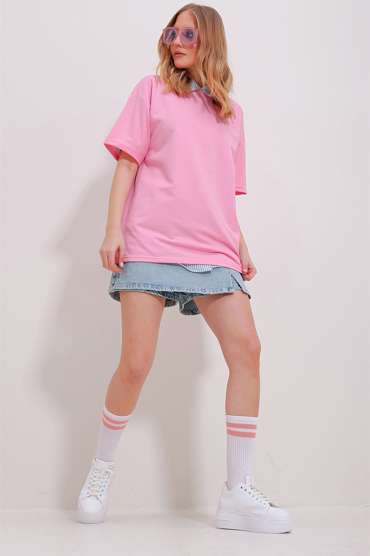 İki İplik Oversize Unisex T-Shirt - Pembe