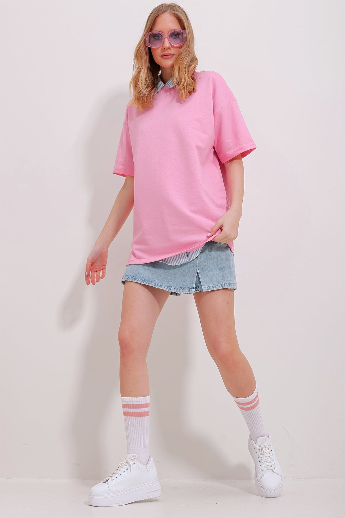 İki İplik Oversize Unisex T-Shirt - Pembe
