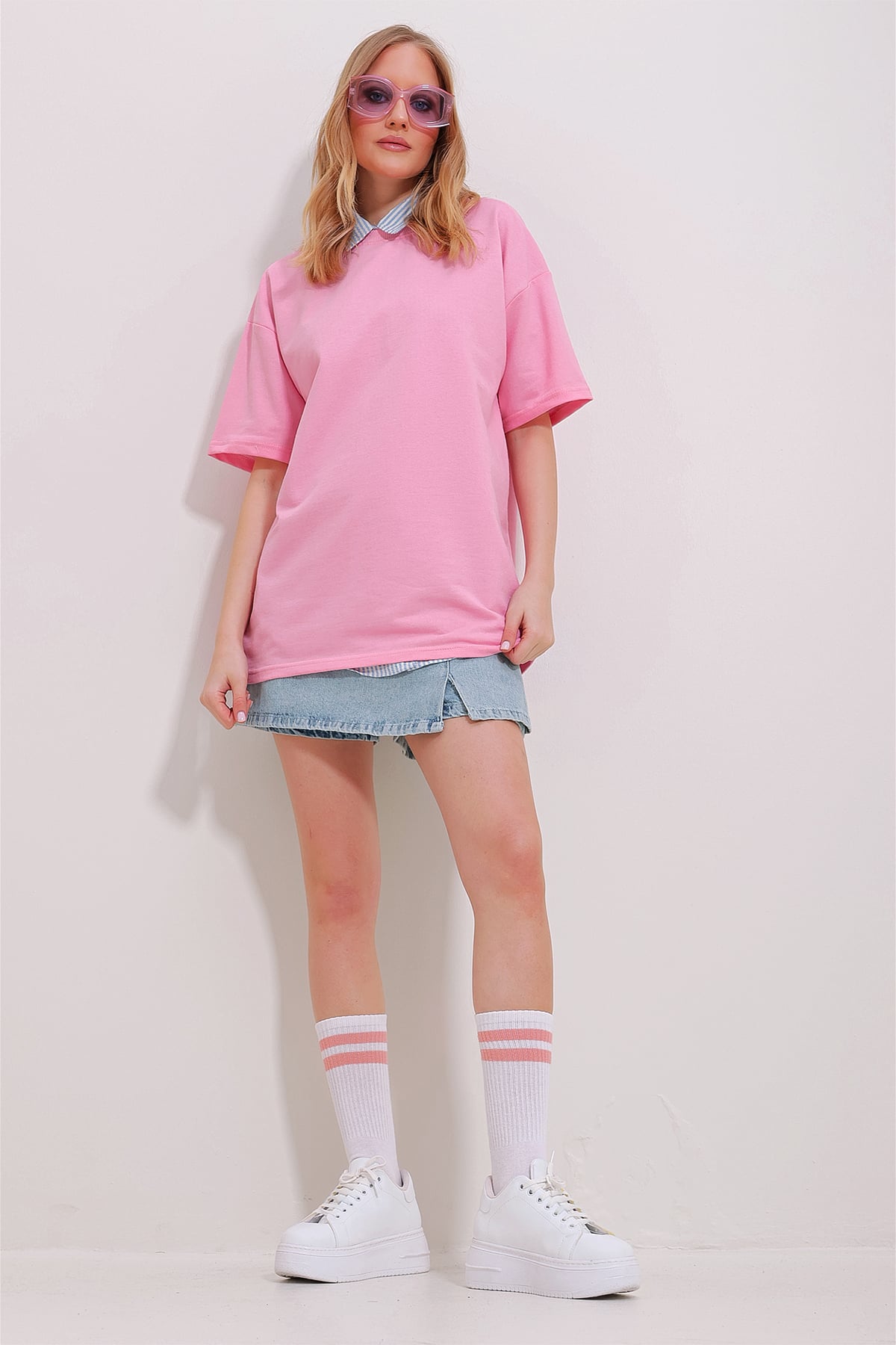 İki İplik Oversize Unisex T-Shirt - Pembe