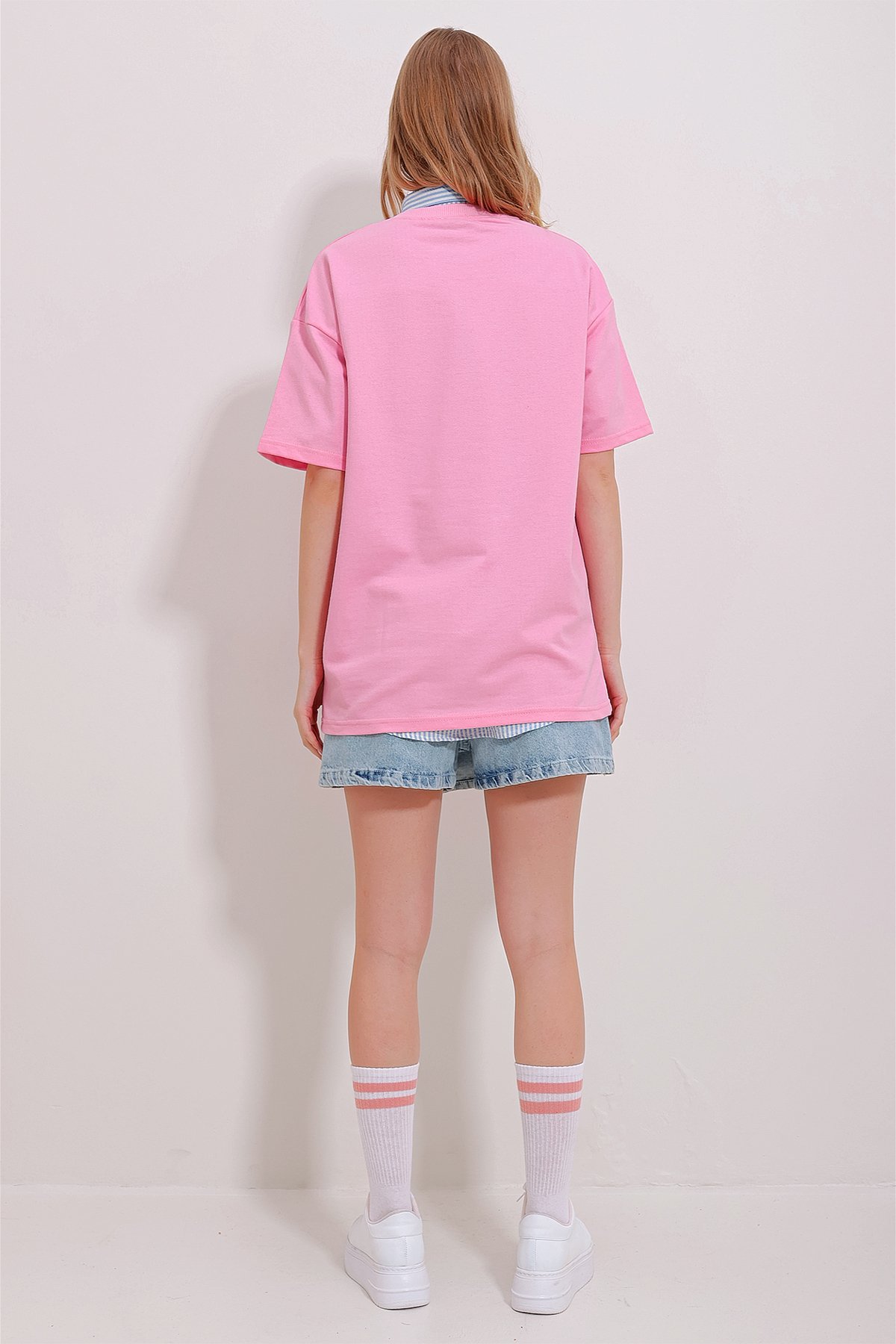 İki İplik Oversize Unisex T-Shirt - Pembe