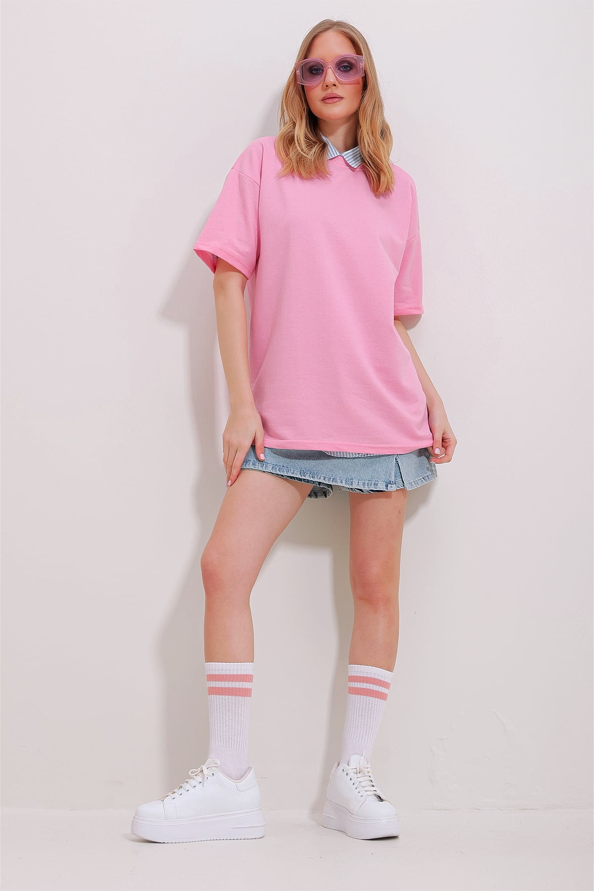İki İplik Oversize Unisex T-Shirt - Pembe