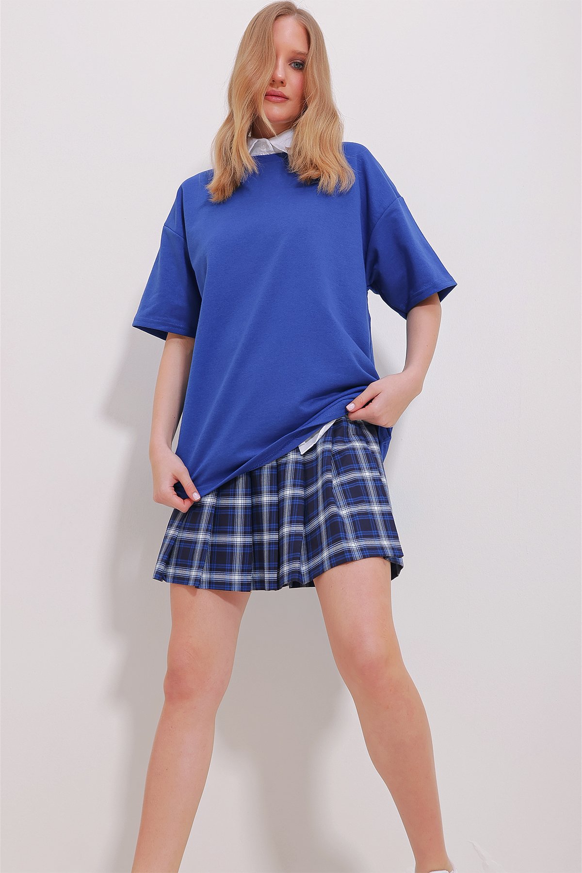 İki İplik Oversize Unisex T-Shirt - Saks