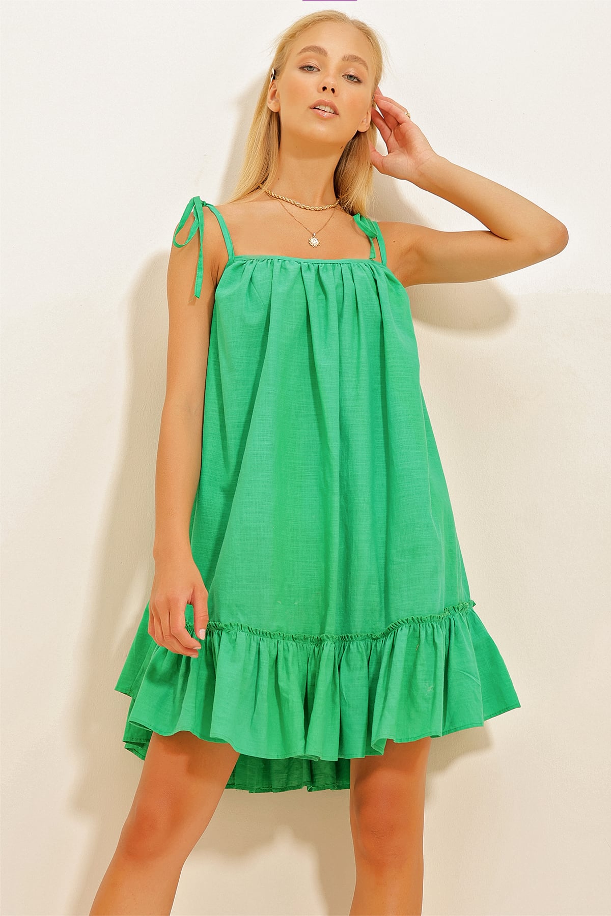 İp Askılı Eteği Volanlı Terry Cotton Keten Elbise - Yeşil
