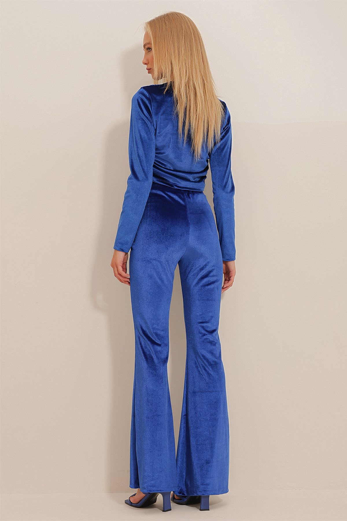 İspanyol Paça Önü Dikişli Kadife Pantolon - Saks