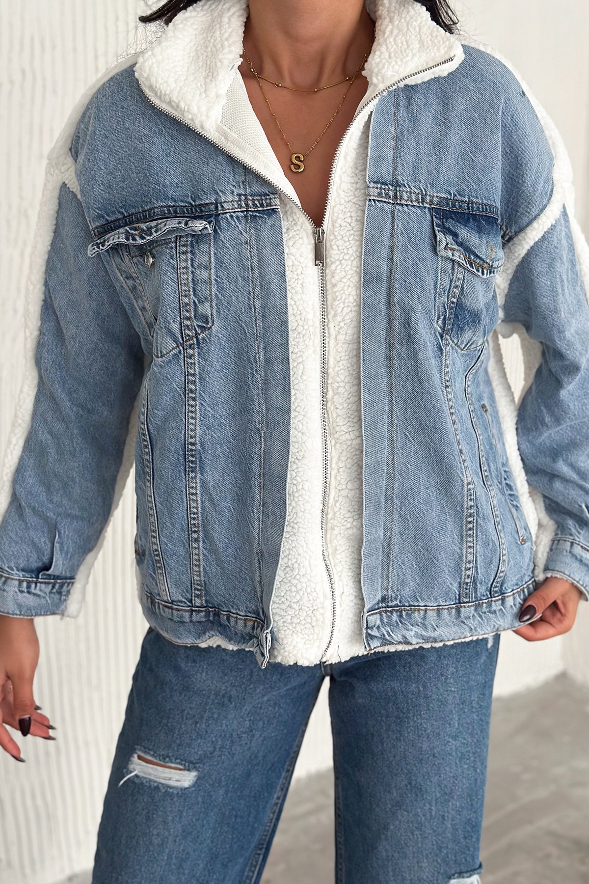 JEAN GARNİLİ FERMUARLI KUZU PELUŞ MONT - Ekru-Mavi