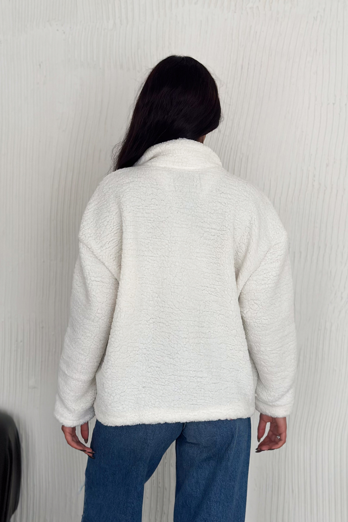 JEAN GARNİLİ FERMUARLI KUZU PELUŞ MONT - Ekru-Mavi