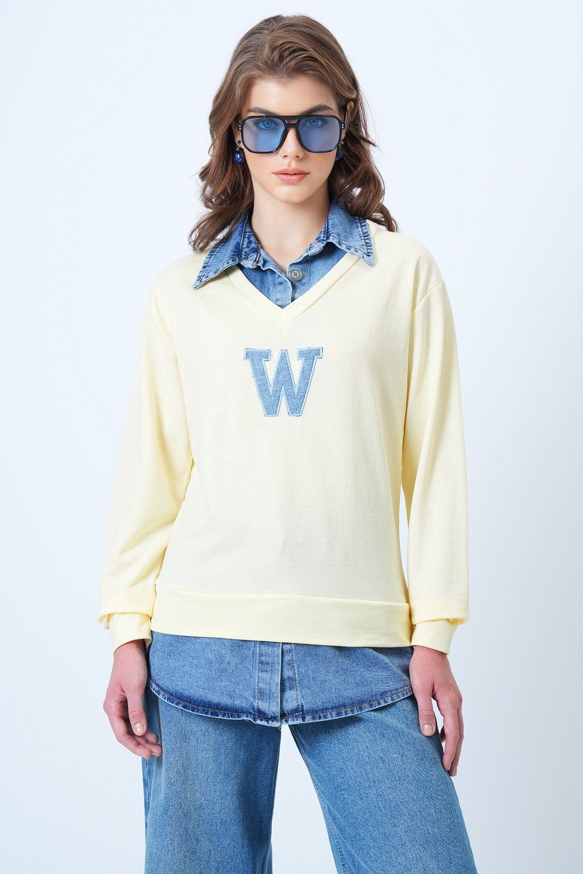 Jean Gömlek Graneli Önü Nakışlı Sweatshirt - TEREYAĞI SARISI