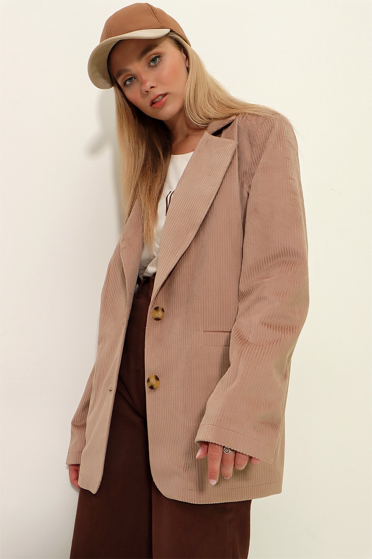 Kadife Dokuma Blazer Ceket - Bej