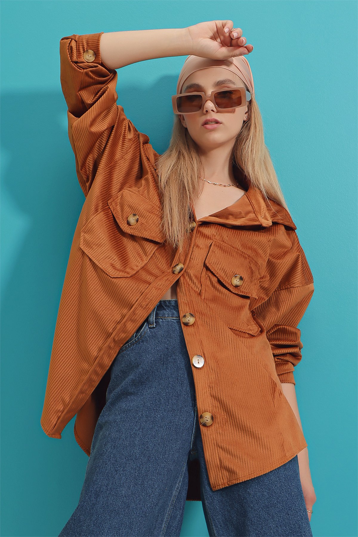 Kadife Pamuklu Çift Cep Oversize Ceket Gömlek - Taba