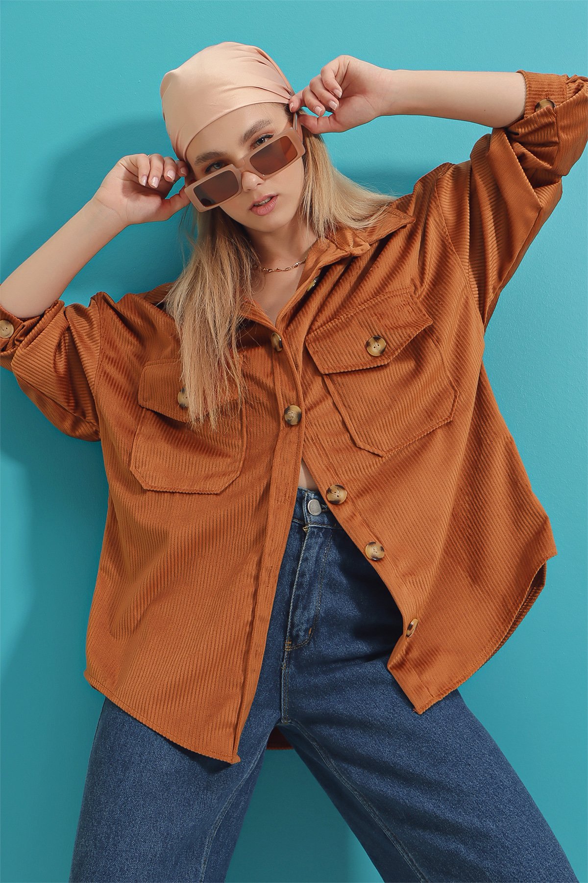 Kadife Pamuklu Çift Cep Oversize Ceket Gömlek - Taba