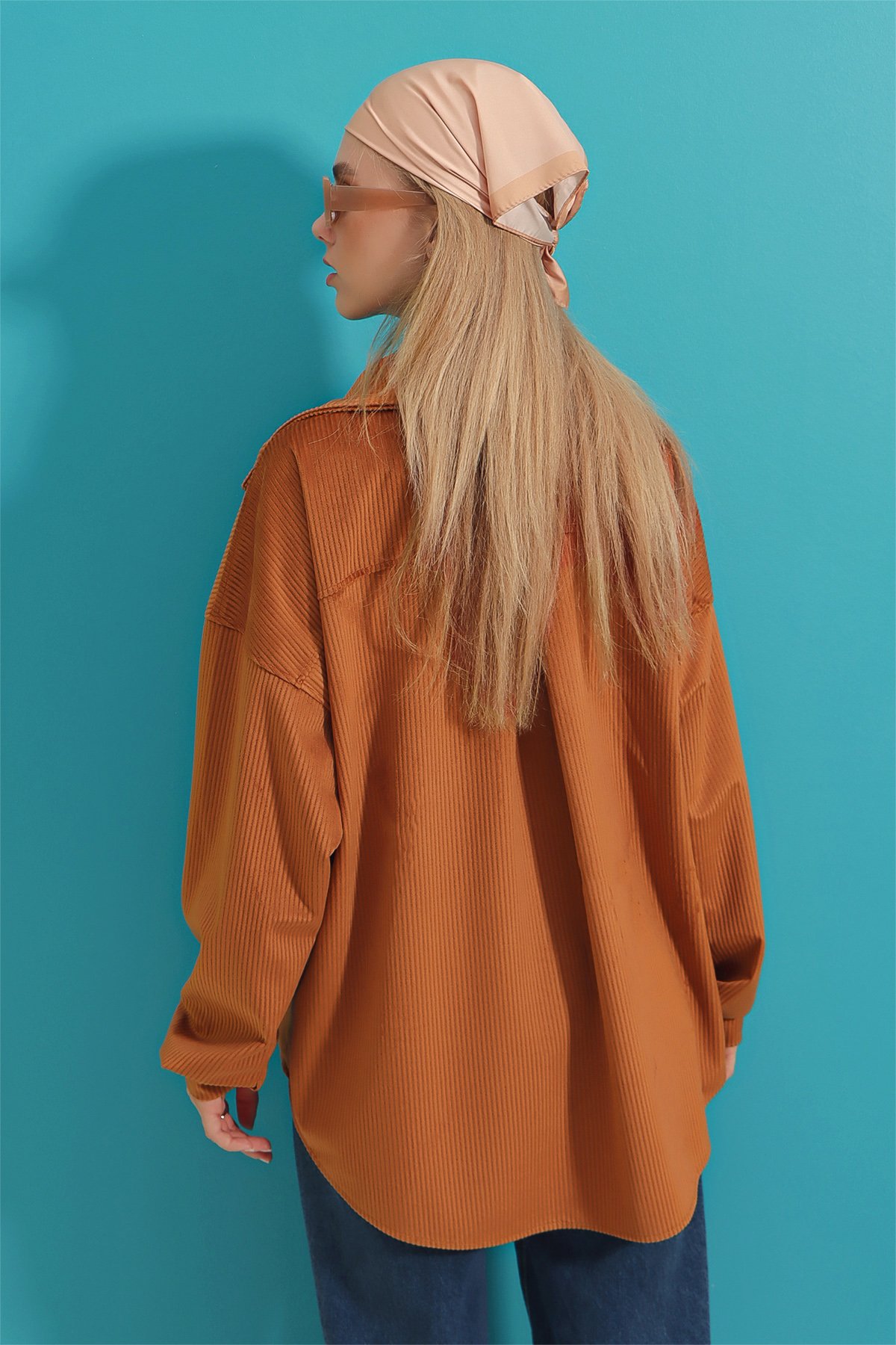 Kadife Pamuklu Çift Cep Oversize Ceket Gömlek - Taba