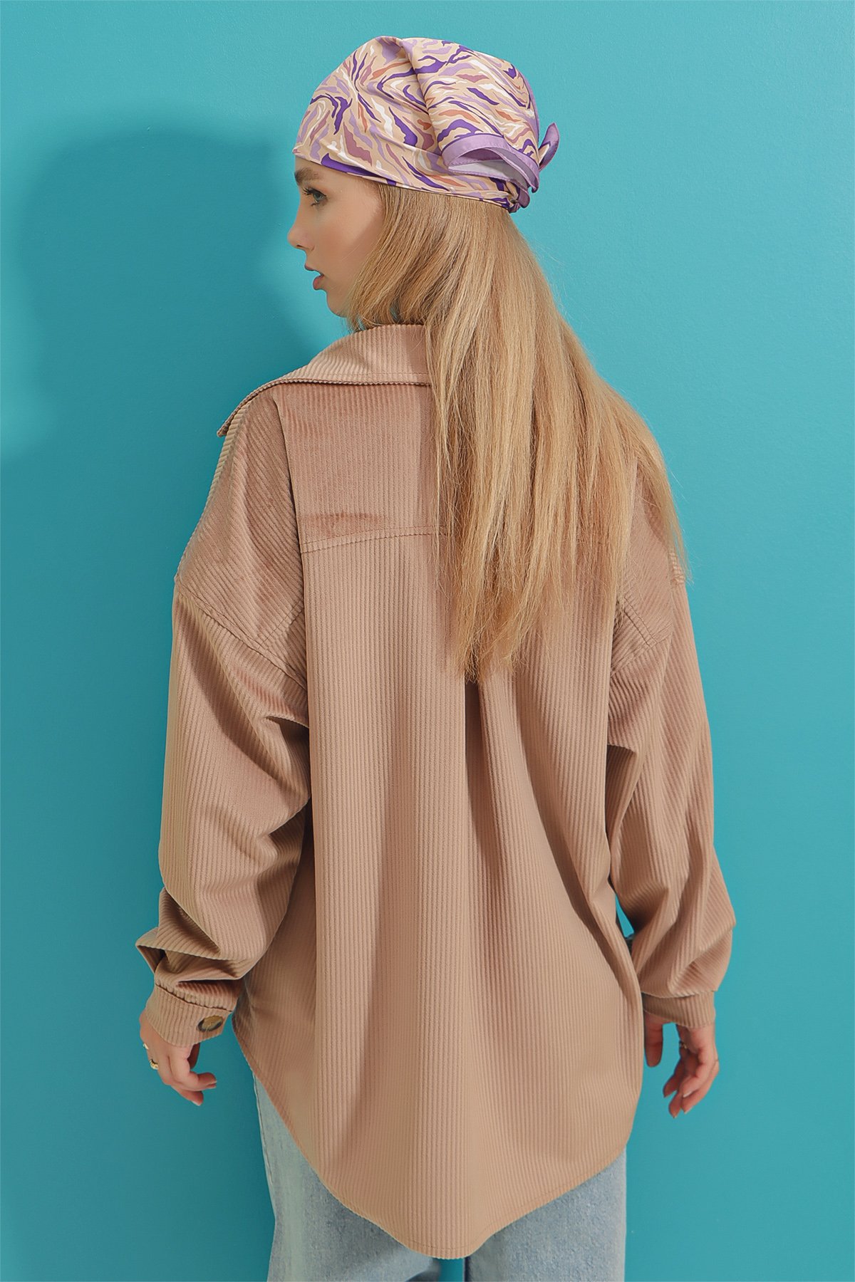 Kadife Pamuklu Çift Cep Oversize Ceket Gömlek - Bej