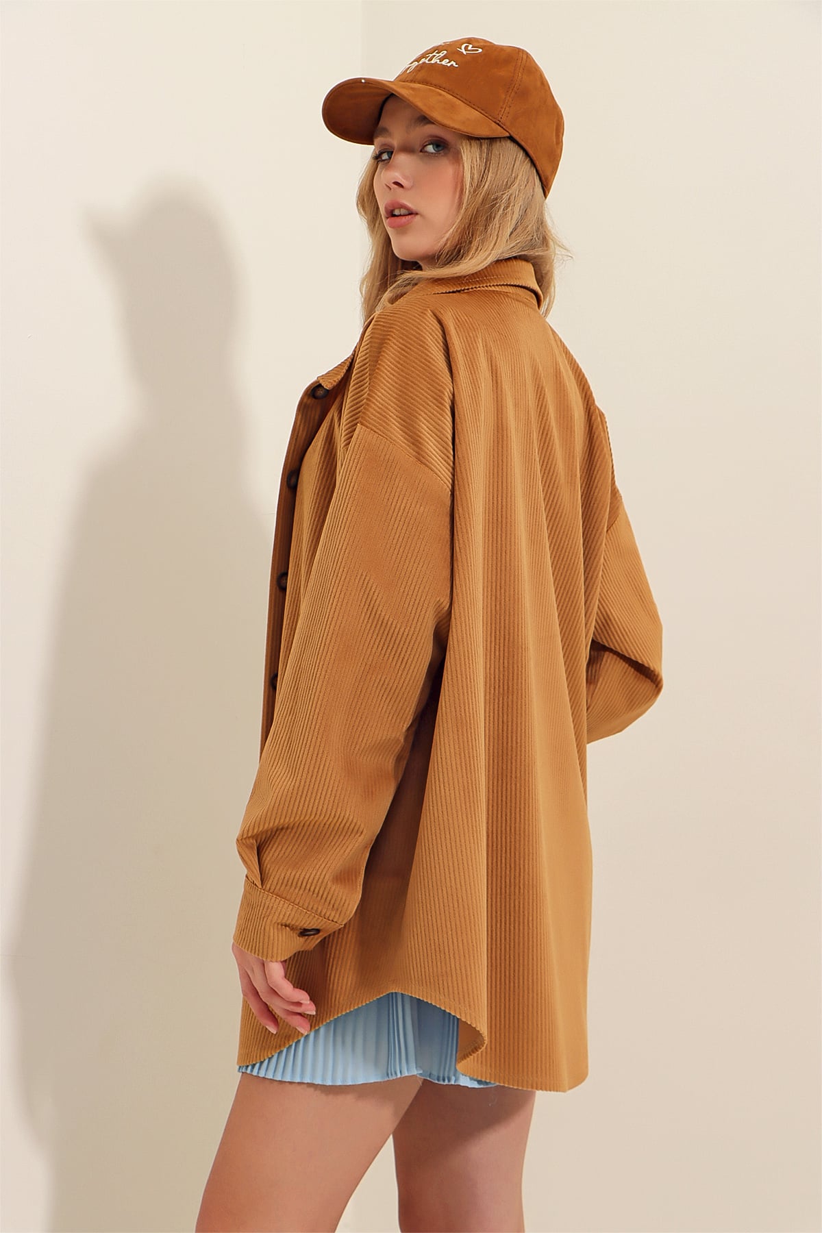 Kadife Pamuklu Tek Cepli Oversize Ceket Gömlek - Hardal